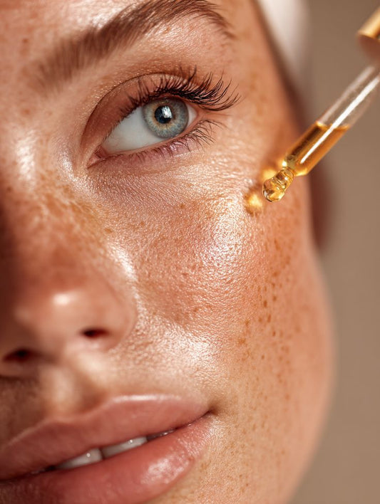 Dame die de gelaatsserum aanbrengt op het gelaat.