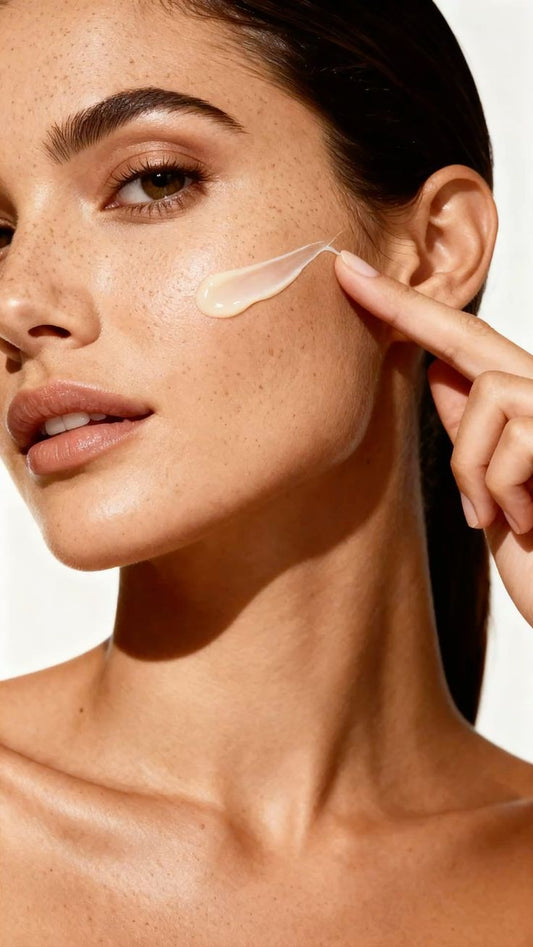 Dame die de ant-aging creme aanbrengt op het gelaat.