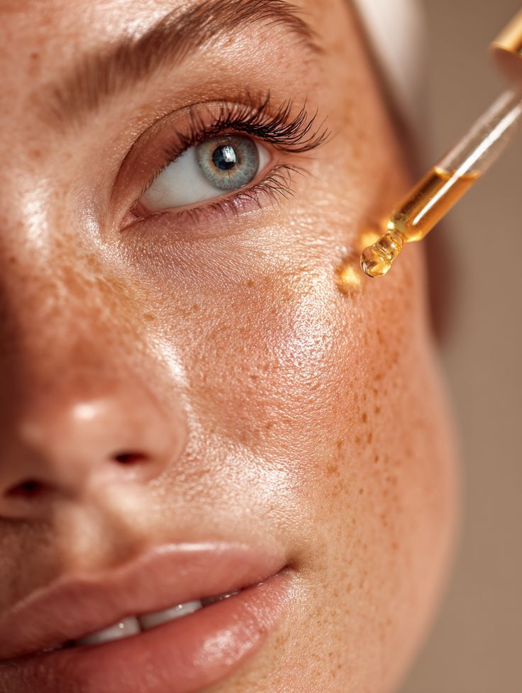 Dame die de gelaatsserum aanbrengt op het gelaat.